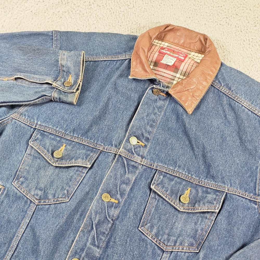 Vintage Marlboro Country Store Jacket Mens Medium Blue Denim Leather Collar 90s